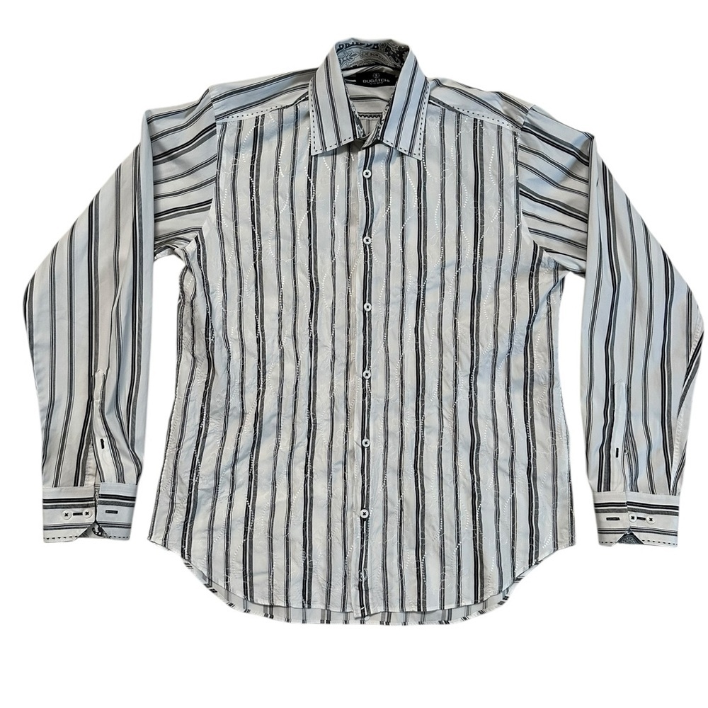 Bugatchi Uomo Men's Medium Button-Up Shirt Long Sleeve Shirt Black White Striped